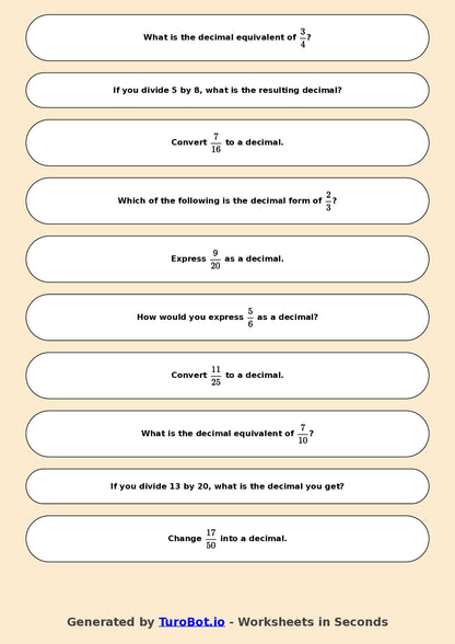 Year 7 Math Worksheet – Fractions to Decimals Basics 2