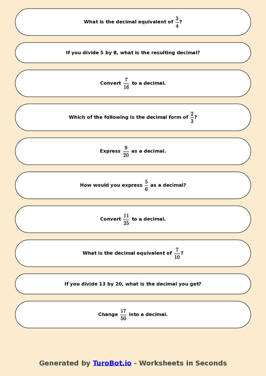 Year 7 Math Worksheet – Fractions to Decimals Basics 2
