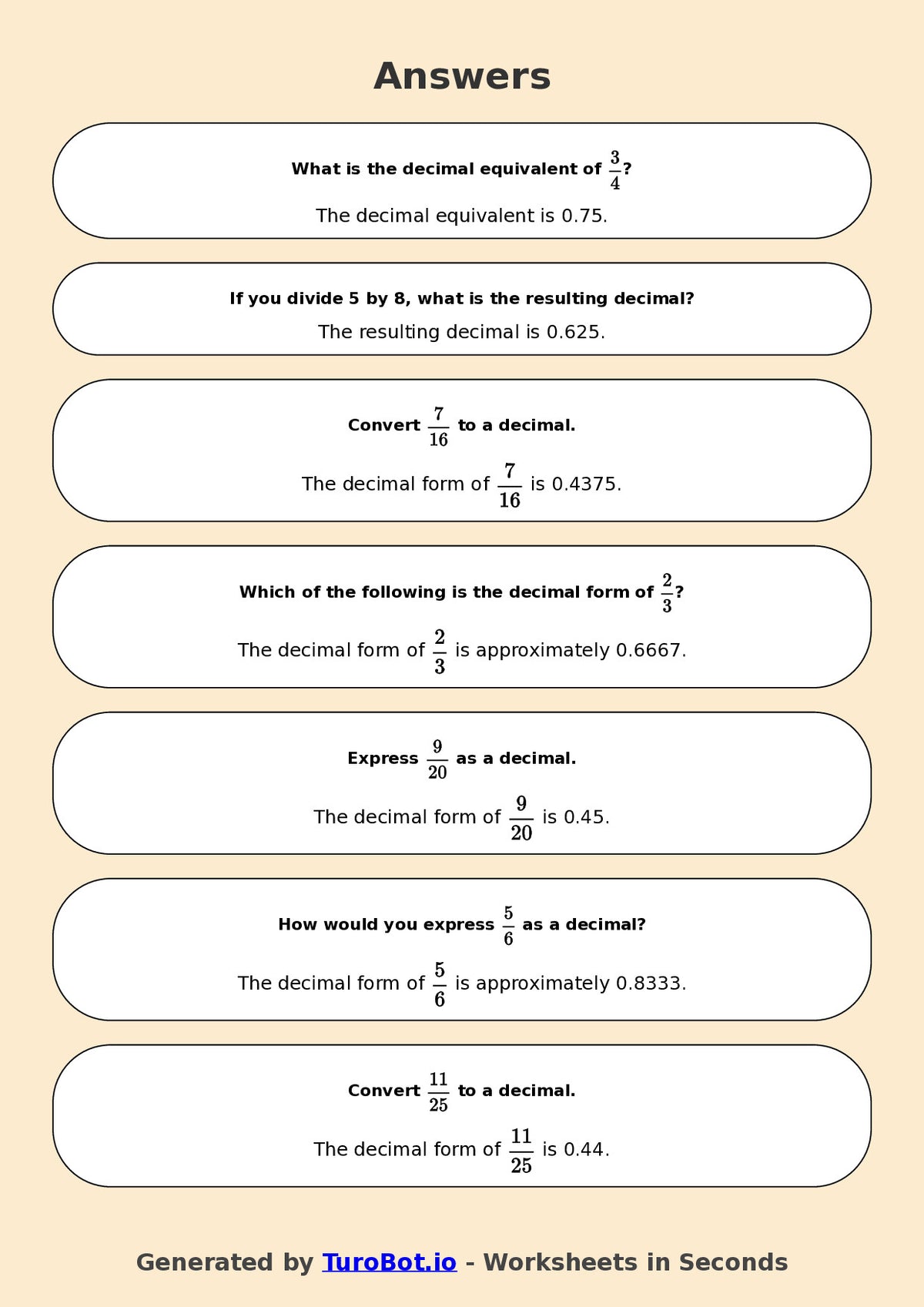 Year 7 Math Worksheet – Fractions to Decimals Basics 2