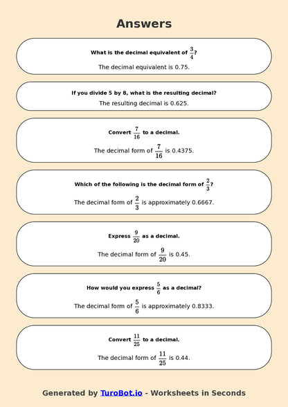 Year 7 Math Worksheet – Fractions to Decimals Basics 2