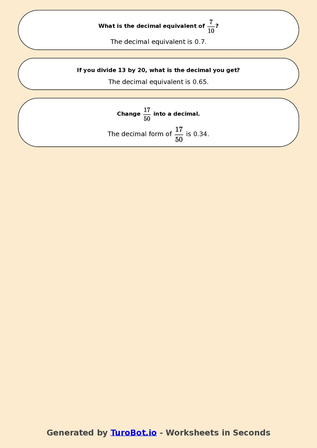 Year 7 Math Worksheet – Fractions to Decimals Basics 2