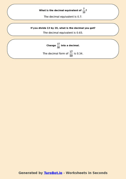 Year 7 Math Worksheet – Fractions to Decimals Basics 2