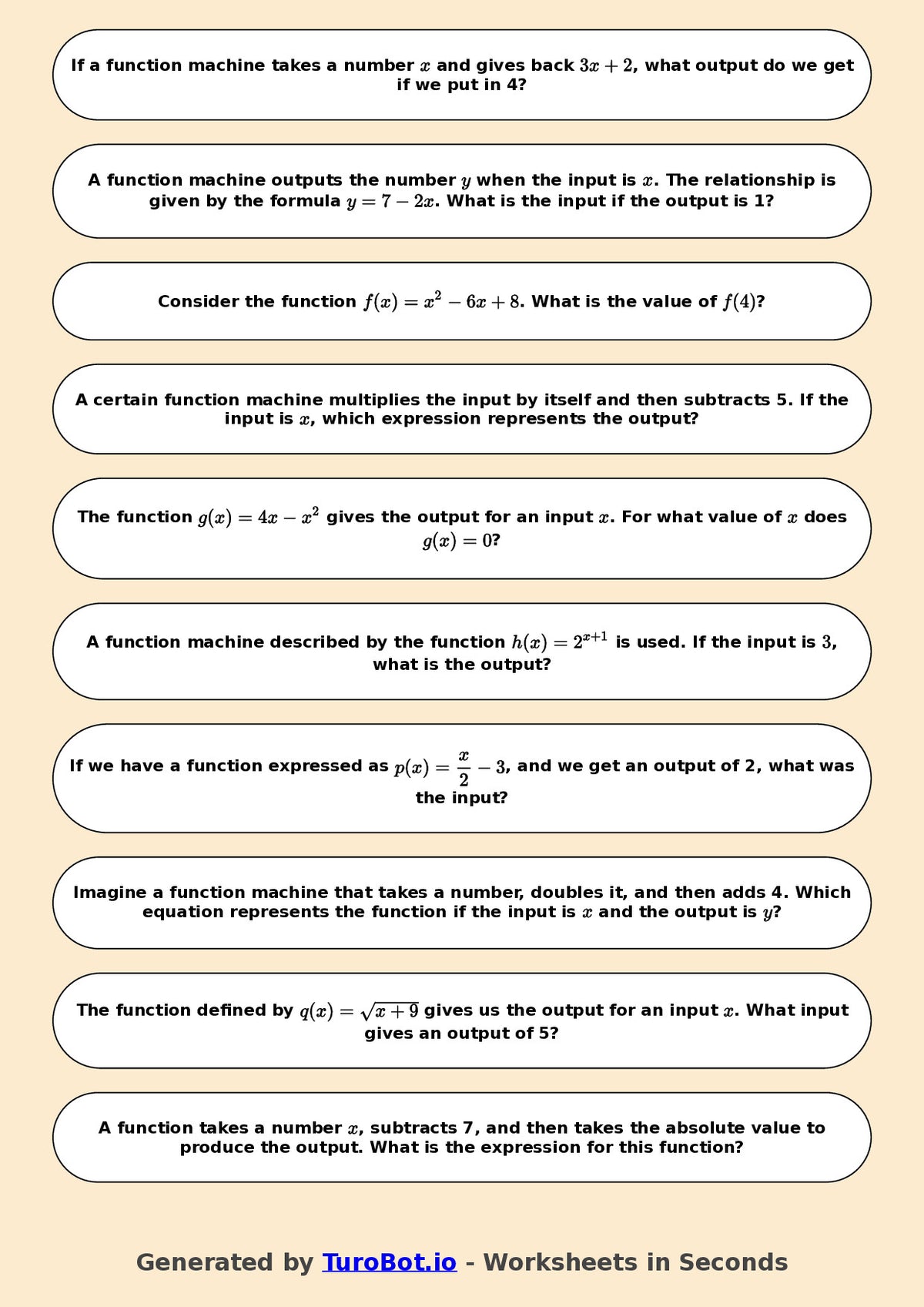 Year 7 Math Worksheet – Function Machines