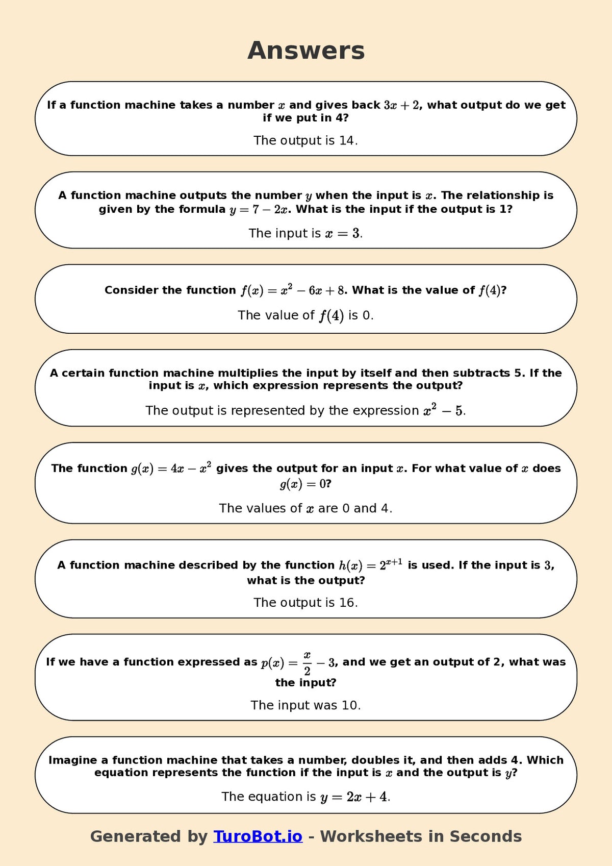 Year 7 Math Worksheet – Function Machines