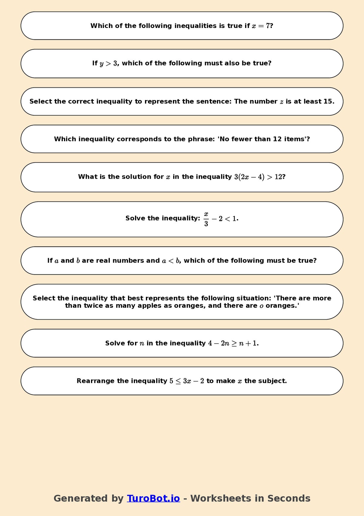 Year 7 Math Worksheet – Inequalities Basics 2