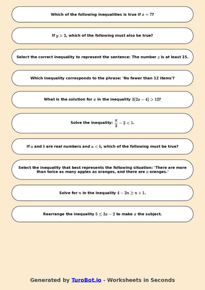 Year 7 Math Worksheet – Inequalities Basics 2