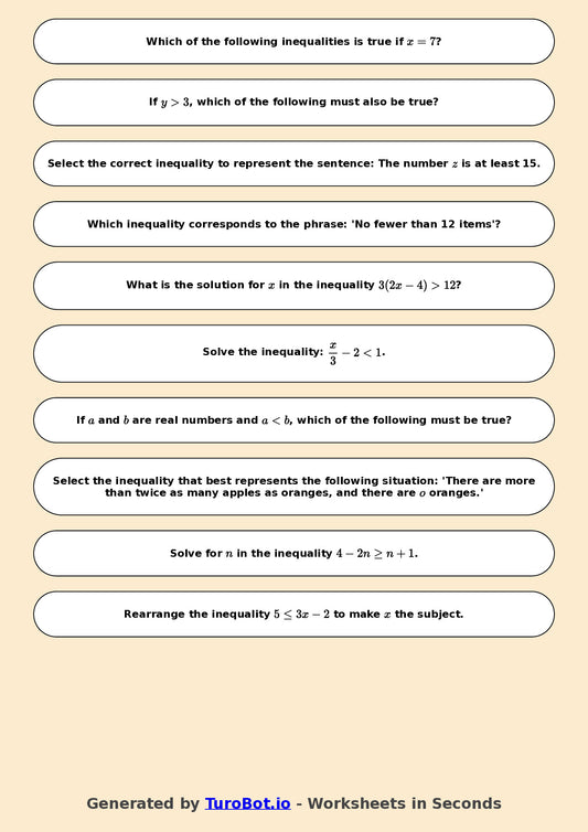 Year 7 Math Worksheet – Inequalities Basics 2