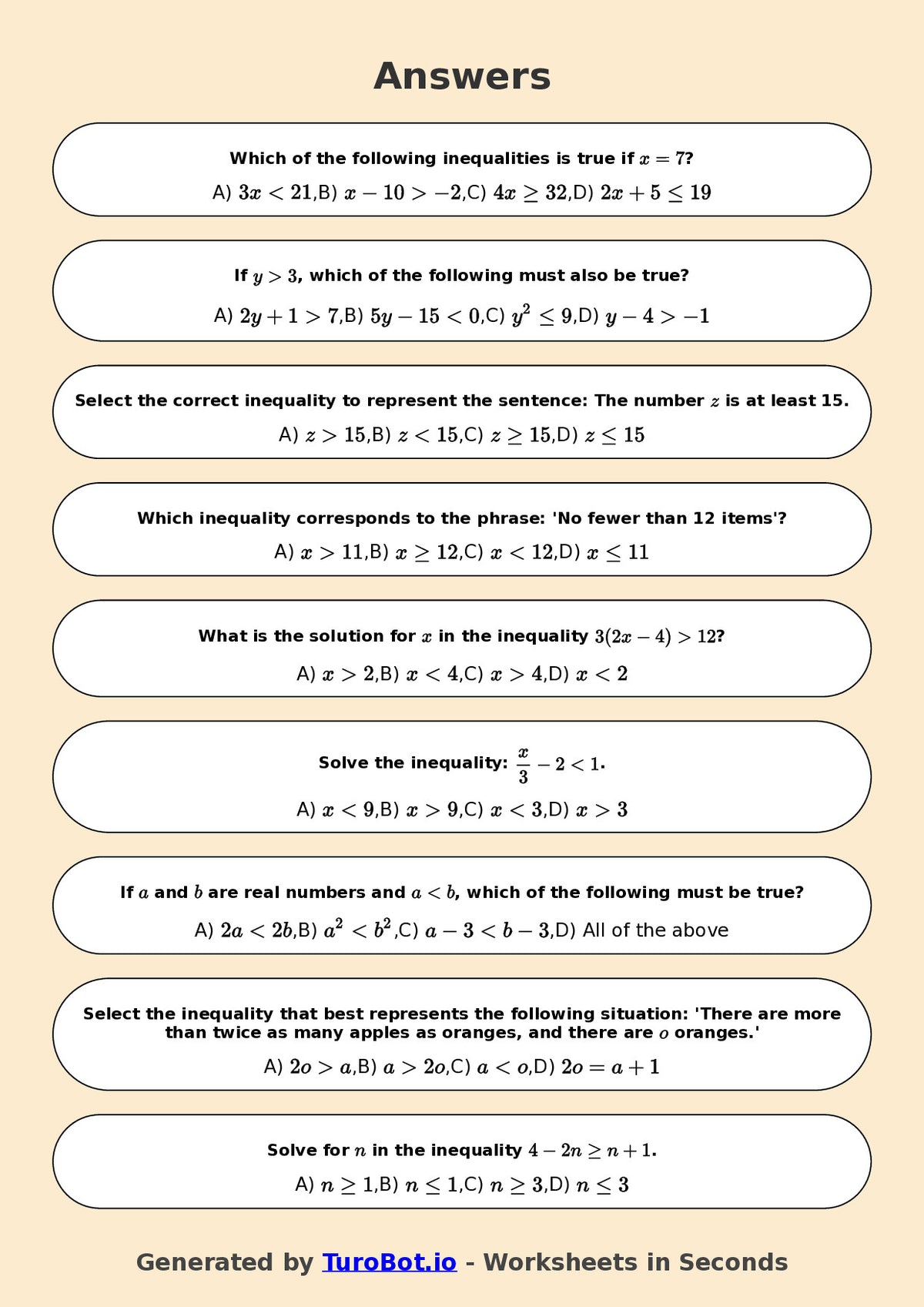 Year 7 Math Worksheet – Inequalities Basics 2