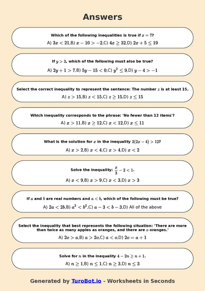Year 7 Math Worksheet – Inequalities Basics 2