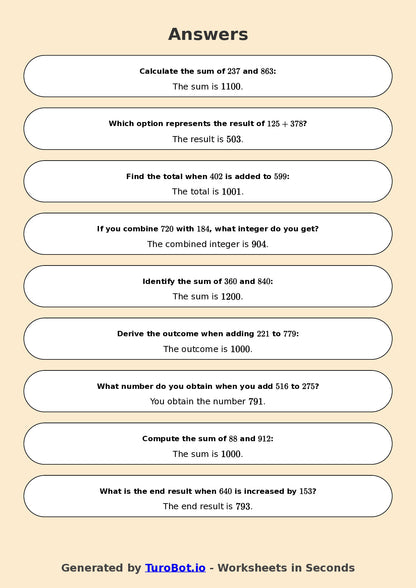 Year 7 Math Worksheet – Integer Addition