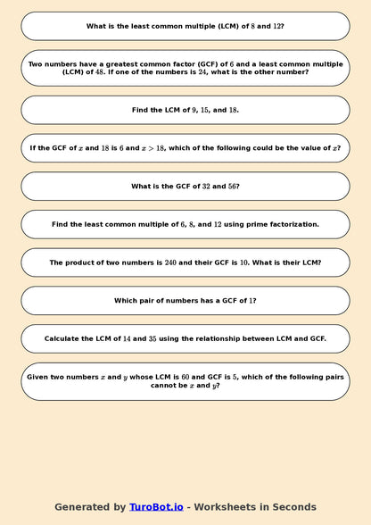 Year 7 Math Worksheet – LCM and HCF