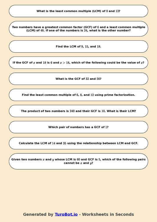 Year 7 Math Worksheet – LCM and HCF