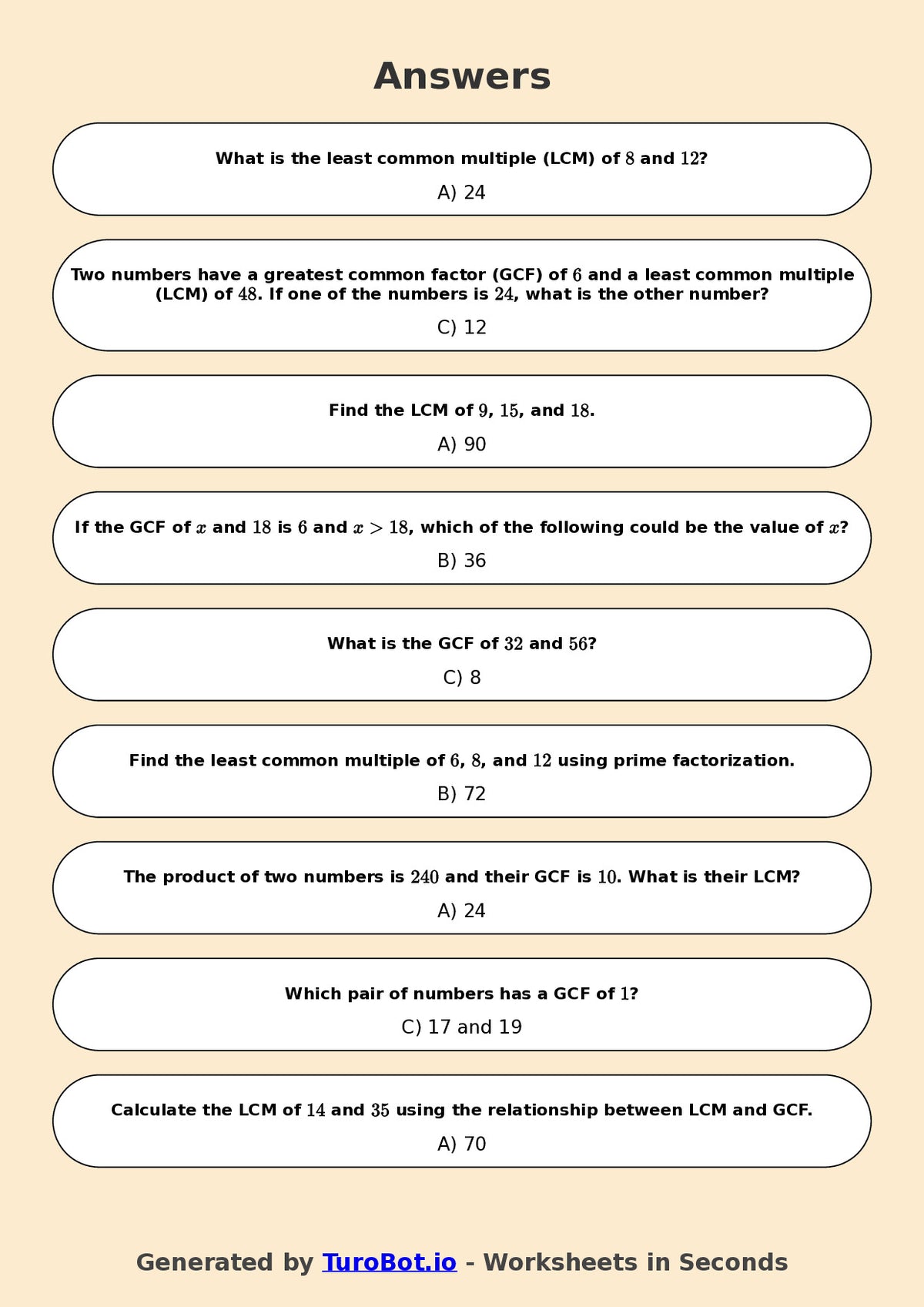 Year 7 Math Worksheet – LCM and HCF