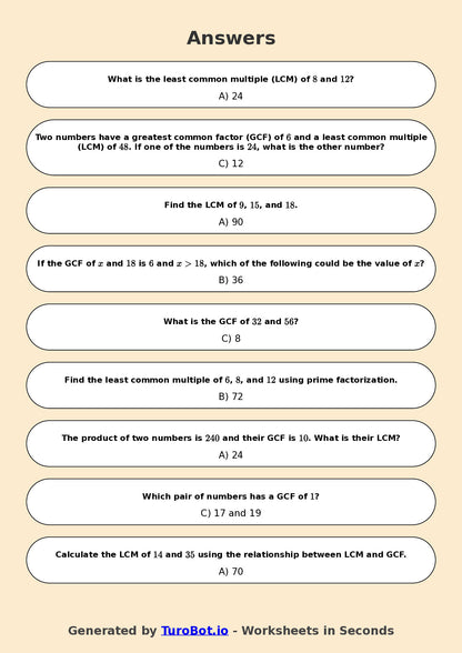 Year 7 Math Worksheet – LCM and HCF