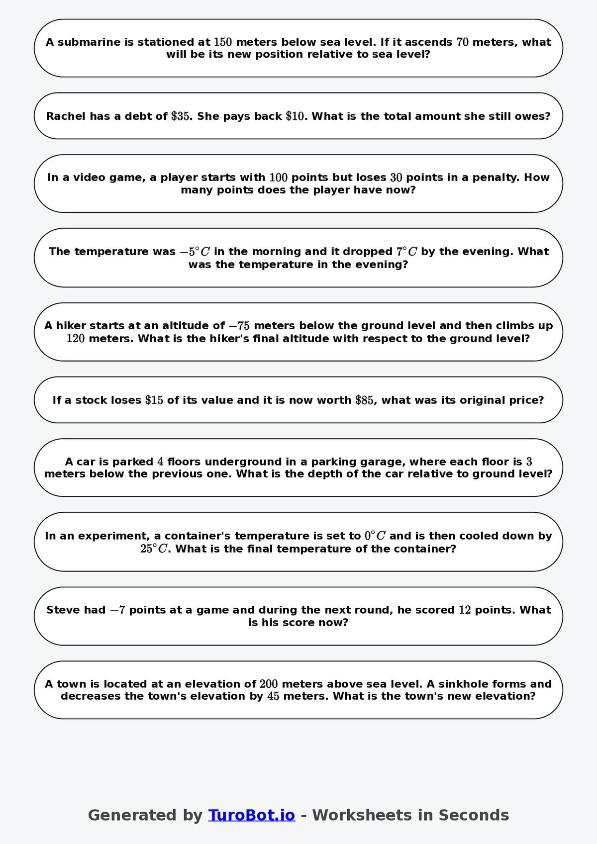 Year 7 Math Worksheet – Negative Number Word Problems