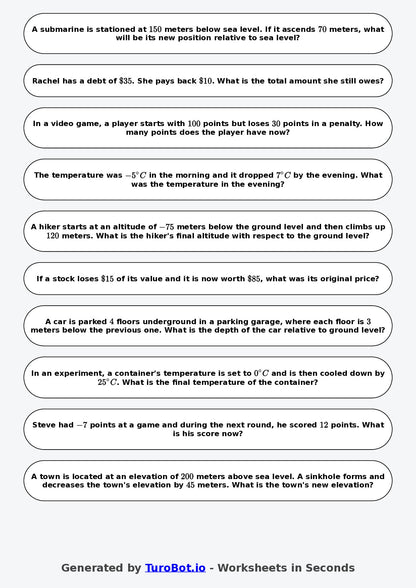 Year 7 Math Worksheet – Negative Number Word Problems