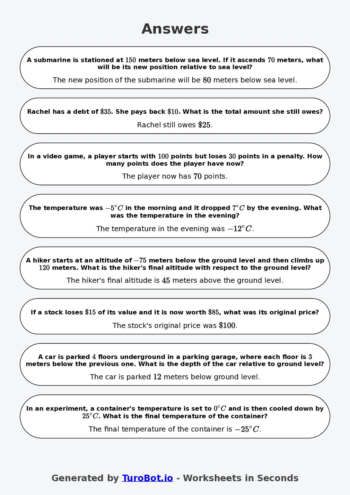 Year 7 Math Worksheet – Negative Number Word Problems