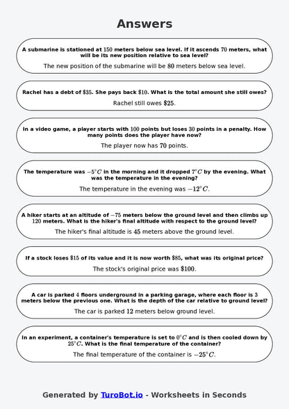 Year 7 Math Worksheet – Negative Number Word Problems