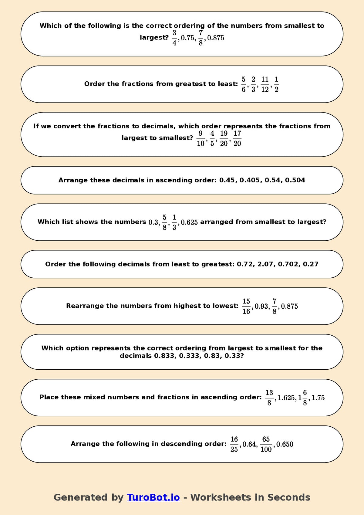 Year 7 Math Worksheet – Ordering Fractions and Decimals 2