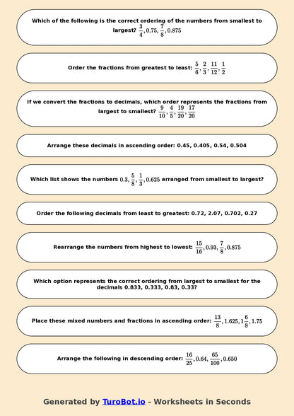 Year 7 Math Worksheet – Ordering Fractions and Decimals 2
