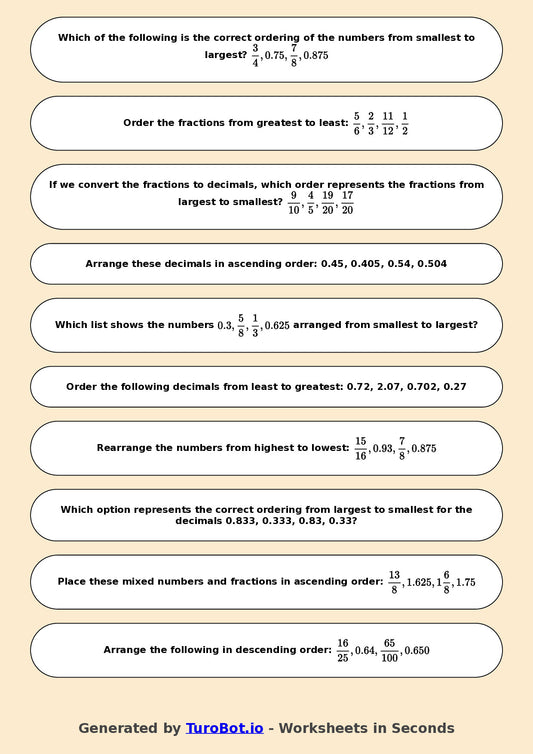 Year 7 Math Worksheet – Ordering Fractions and Decimals 2