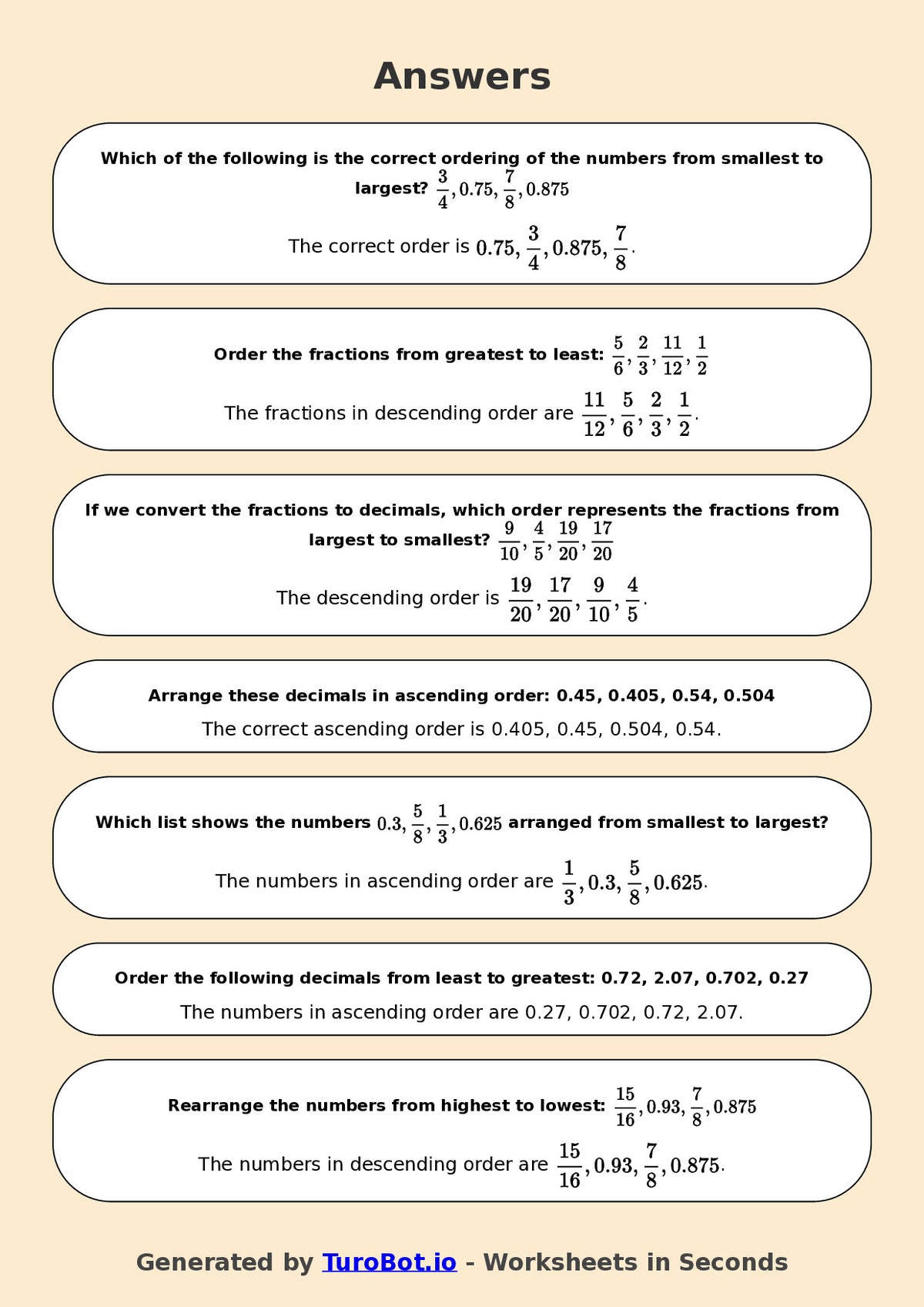 Year 7 Math Worksheet – Ordering Fractions and Decimals 2