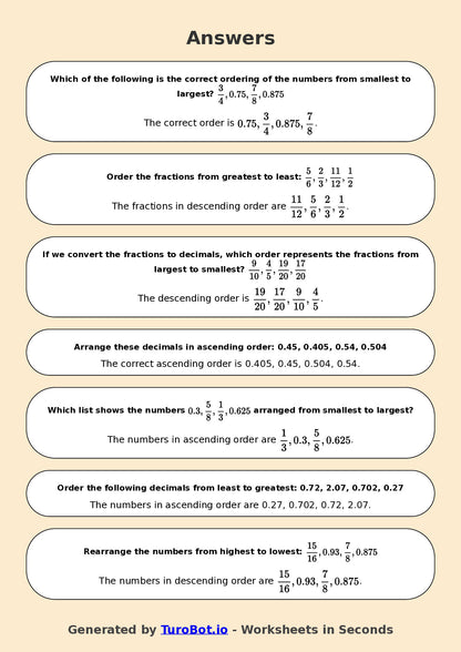 Year 7 Math Worksheet – Ordering Fractions and Decimals 2