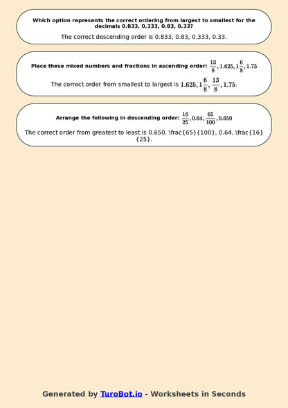 Year 7 Math Worksheet – Ordering Fractions and Decimals 2
