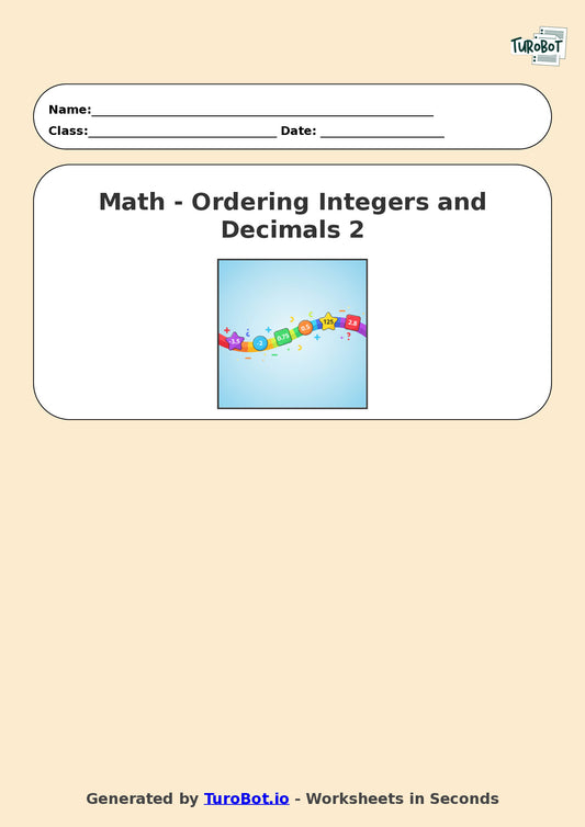 Year 7 Math Worksheet – Ordering Integers and Decimals 2