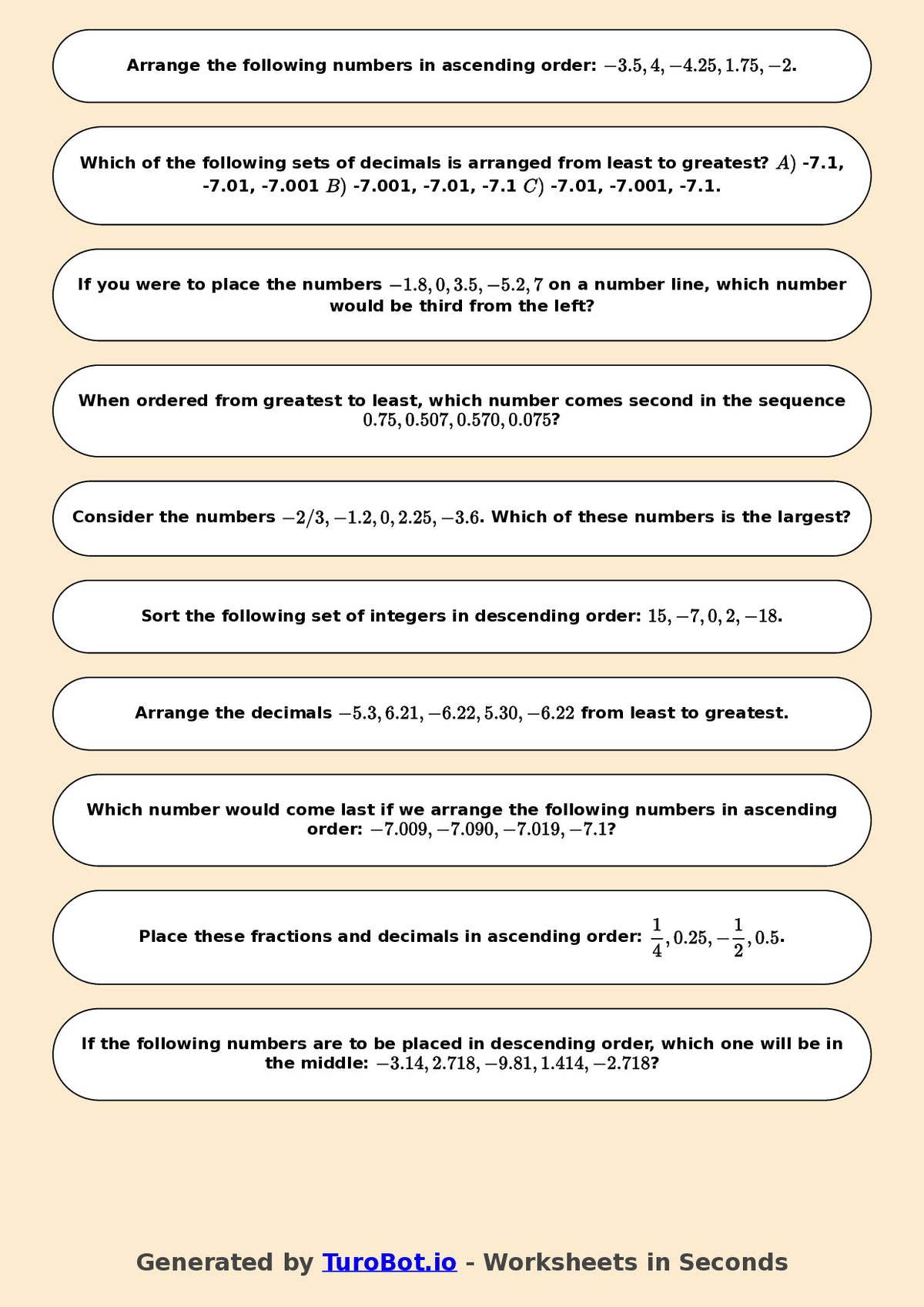 Year 7 Math Worksheet – Ordering Integers and Decimals 2