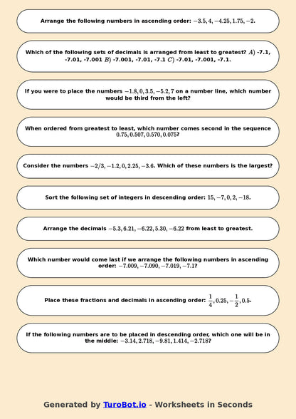 Year 7 Math Worksheet – Ordering Integers and Decimals 2