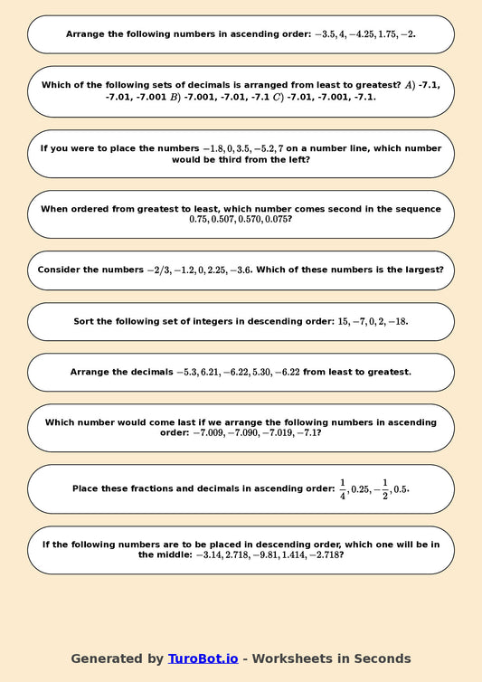 Year 7 Math Worksheet – Ordering Integers and Decimals 2