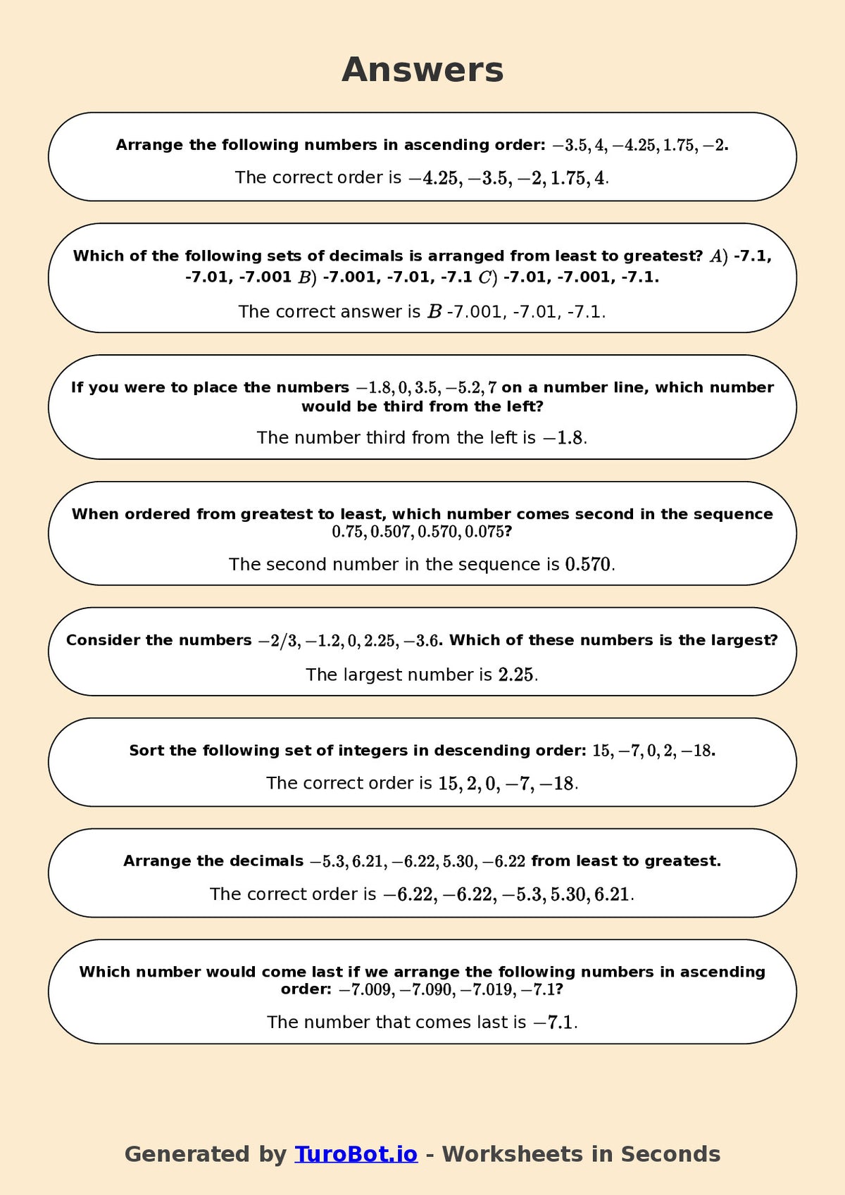 Year 7 Math Worksheet – Ordering Integers and Decimals 2