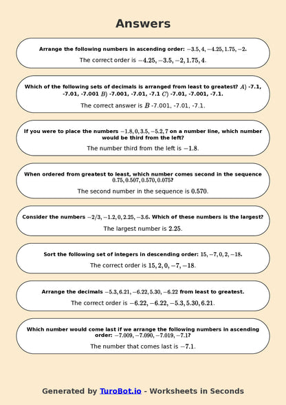 Year 7 Math Worksheet – Ordering Integers and Decimals 2