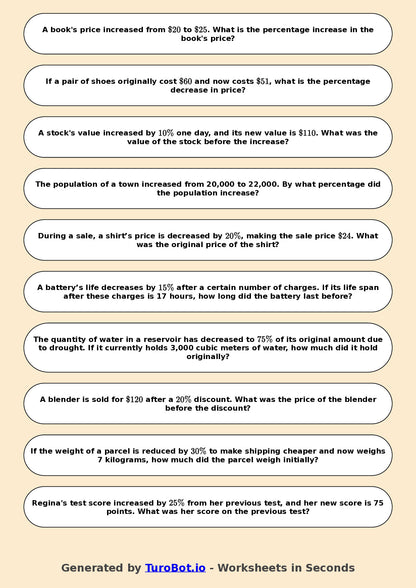 Year 7 Math Worksheet – Percent Increase and Decrease