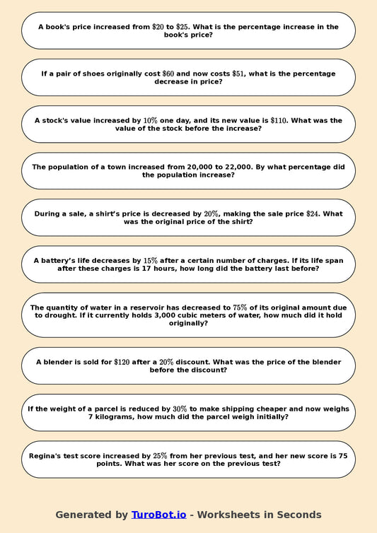 Year 7 Math Worksheet – Percent Increase and Decrease