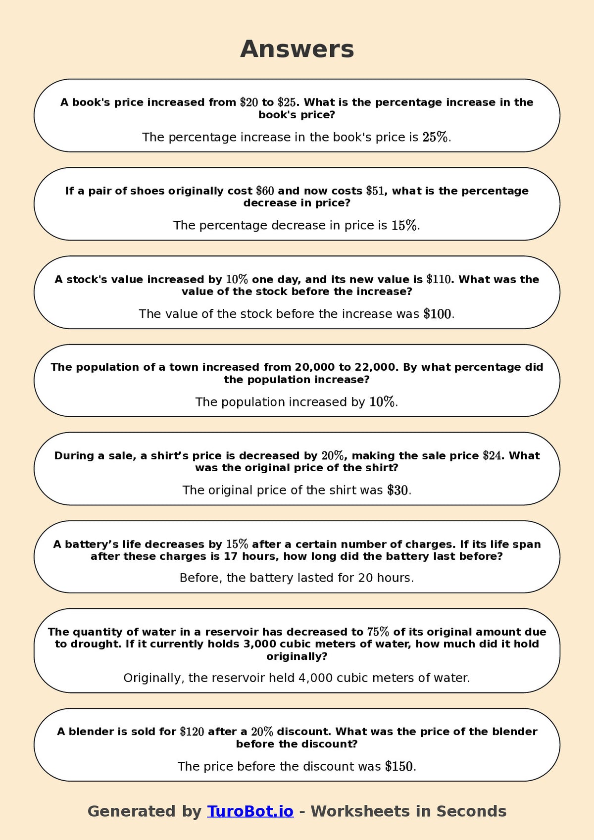 Year 7 Math Worksheet – Percent Increase and Decrease