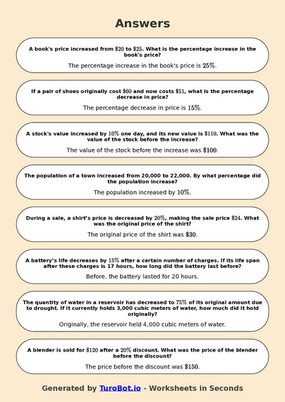 Year 7 Math Worksheet – Percent Increase and Decrease