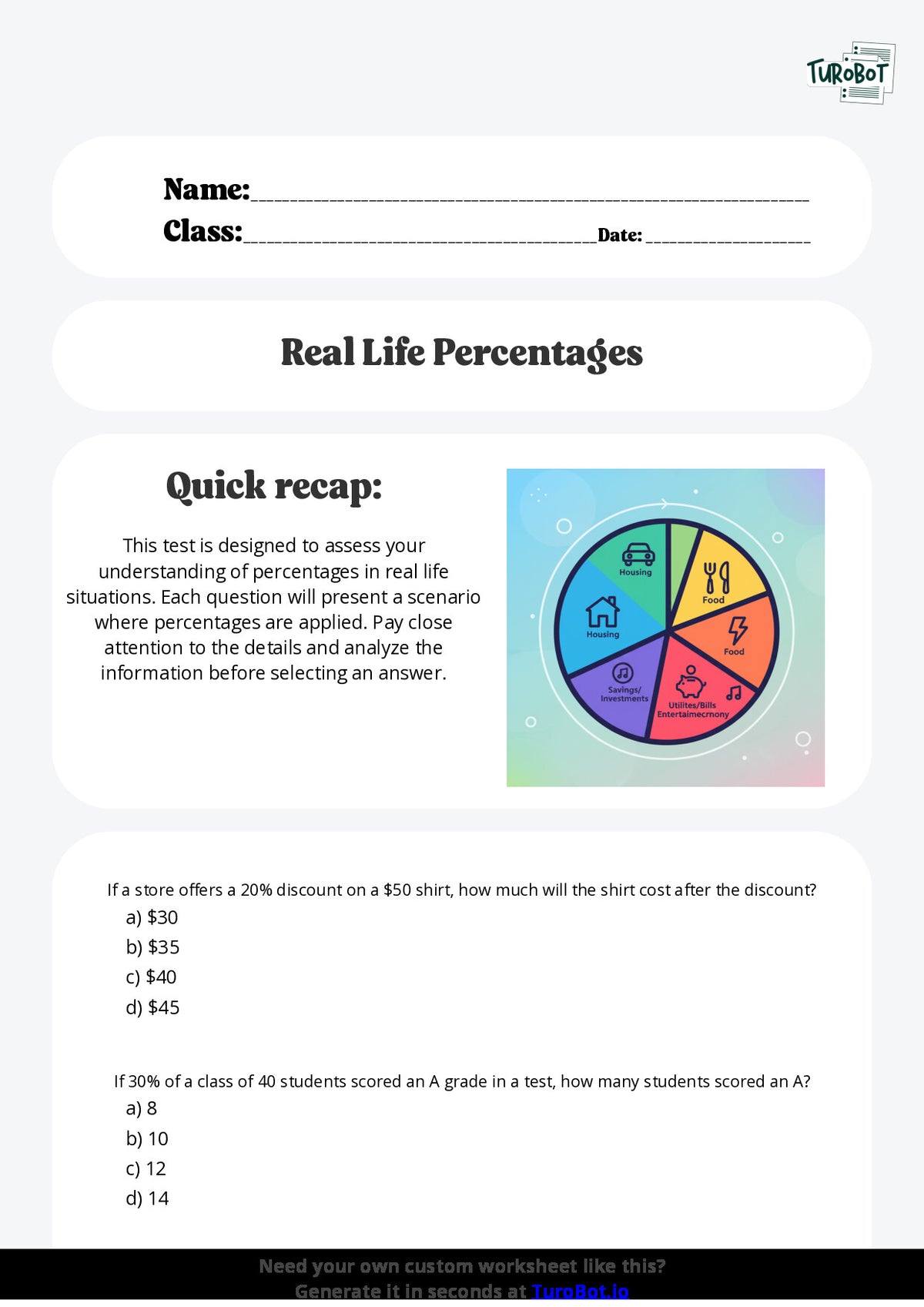 Free Worksheet - Year 7 Mathematics Percentages in Real Life Multiple Choice