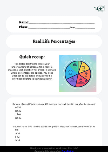 Free Worksheet - Year 7 Mathematics Percentages in Real Life Multiple Choice