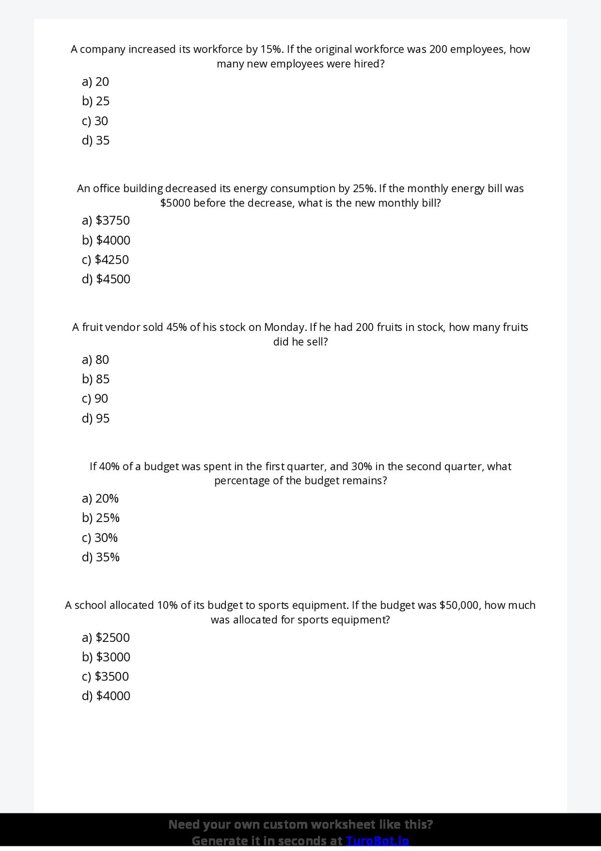 Free Worksheet - Year 7 Mathematics Percentages in Real Life Multiple Choice