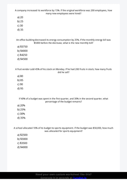 Free Worksheet - Year 7 Mathematics Percentages in Real Life Multiple Choice