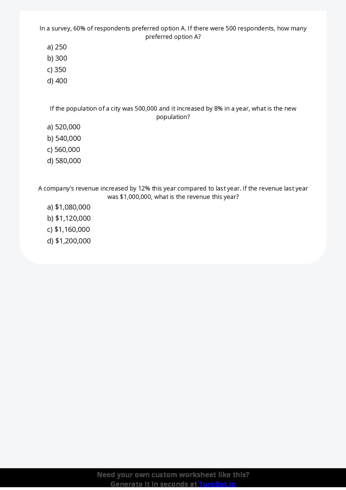 Free Worksheet - Year 7 Mathematics Percentages in Real Life Multiple Choice