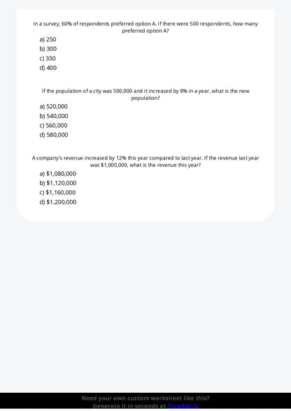 Free Worksheet - Year 7 Mathematics Percentages in Real Life Multiple Choice