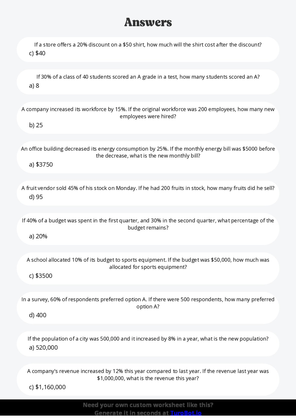 Free Worksheet - Year 7 Mathematics Percentages in Real Life Multiple Choice
