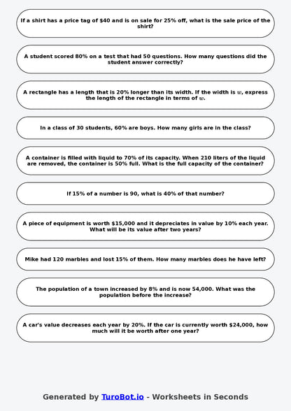 Year 7 Math Worksheet – Percentages of Amounts 2