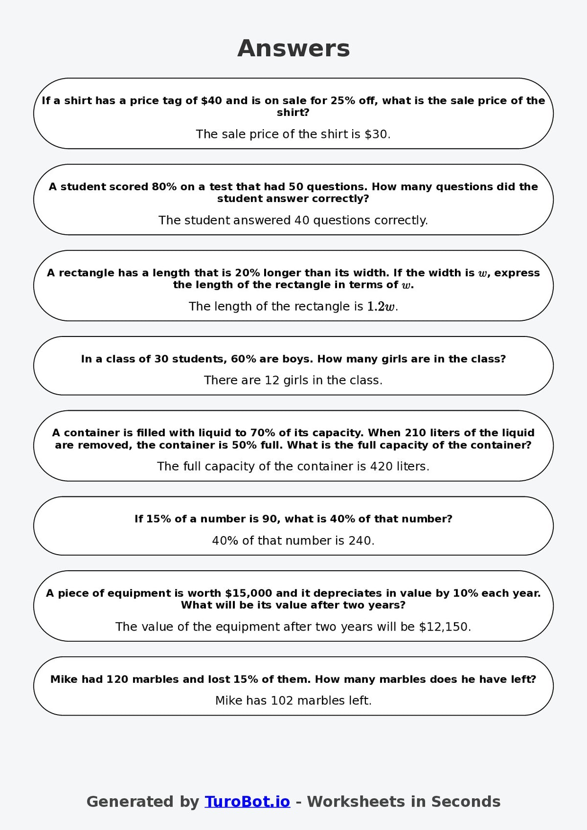 Year 7 Math Worksheet – Percentages of Amounts 2