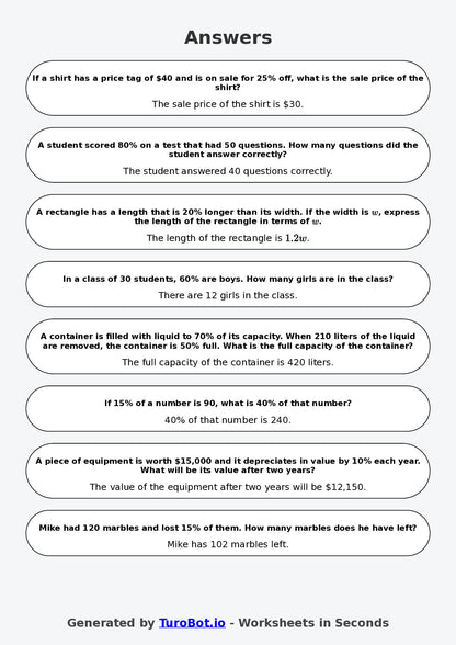 Year 7 Math Worksheet – Percentages of Amounts 2