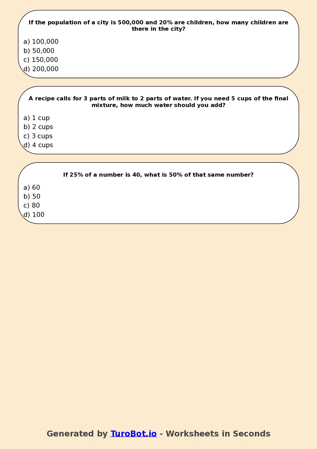 Year 7 Math Multiple Choice Worksheet – Ratios and Percentages Combined Problems