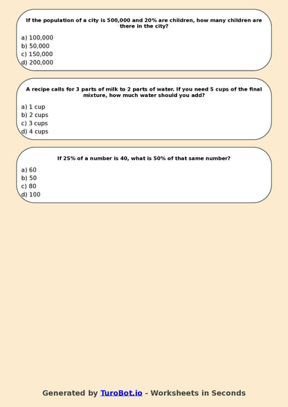 Year 7 Math Multiple Choice Worksheet – Ratios and Percentages Combined Problems